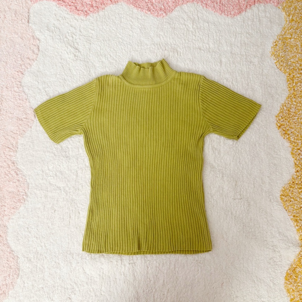 90s VINTAGE Chartreuse Lime Green Mockneck Short Sleeve Ribbed Cotton Sweater